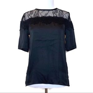 H&M High Neck Lace Yoke Satin Short Sleeve Top